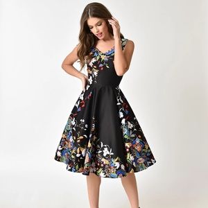 Black floral midi swing dress